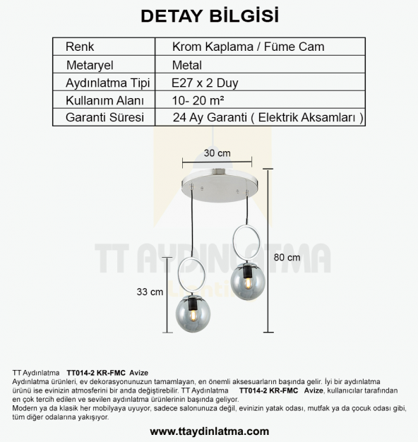 TT Aydınlatma TT014-2 KR  Krom Kaplama Füme Camlı 2 li Avize - 3