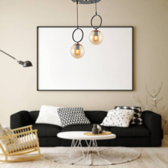 TT Aydınlatma TT014-2 SY  Mat Siyah - Bakır Bal Camlı 2 li Avize - Resim 2