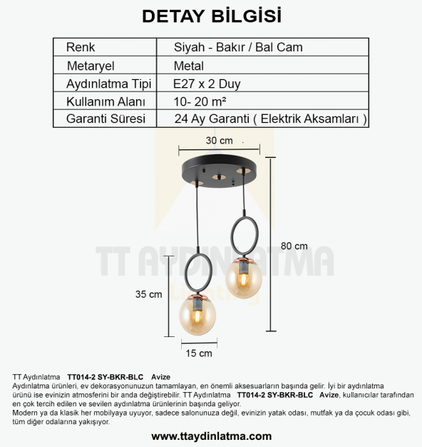 TT Aydınlatma TT014-2 SY  Mat Siyah - Bakır Bal Camlı 2 li Avize - Resim 3