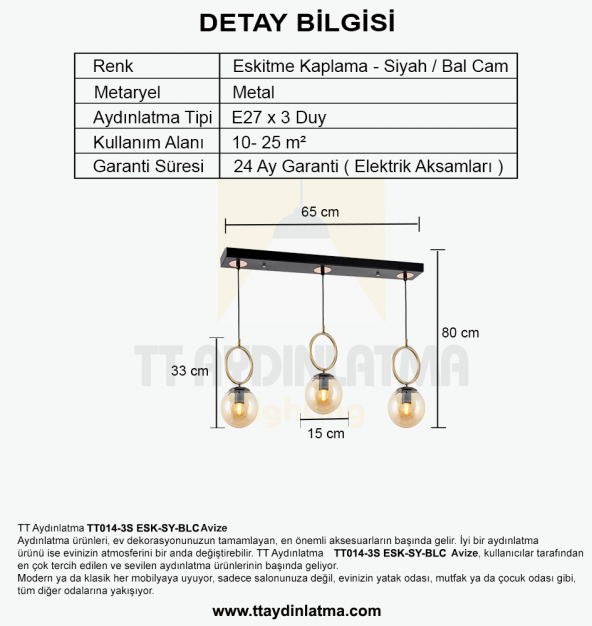 TT Aydınlatma TT014-3S ESK  Eskitme Kaplama - Siyah Bal Camlı 3 lü Sıralı Avize - 3