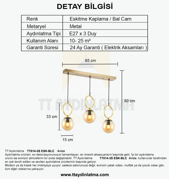 TT Aydınlatma TT014-3S ESK  Eskitme Kaplama Bal Camlı 3 lü Sıralı Avize - Resim 3