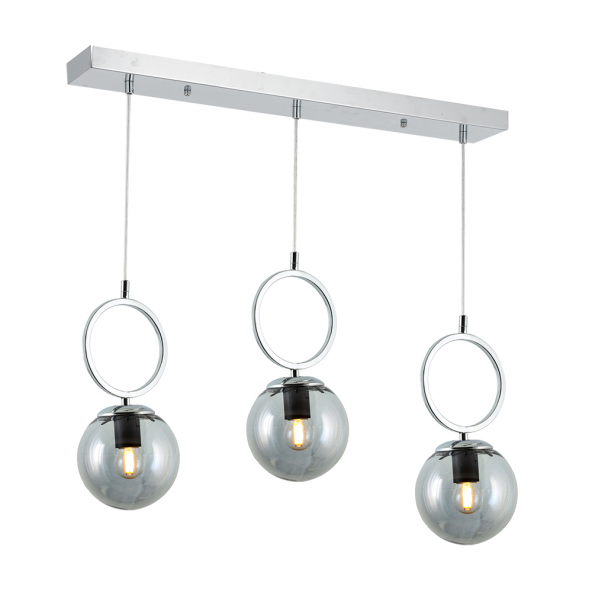 TT014-3S KR TT Aydınlatma Krom Kaplama Füme Camlı 3 lü Sıralı Avize