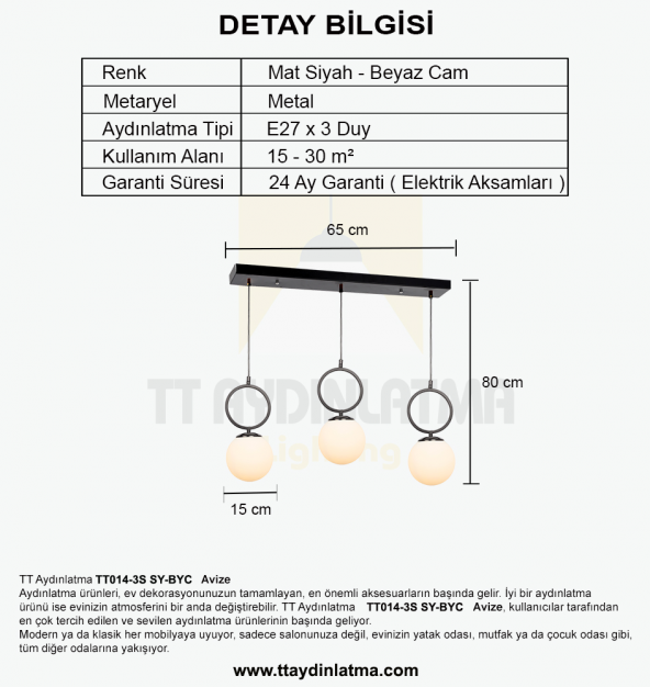 TT Aydınlatma TT014-3S SY  Mat Siyah - Beyaz Camlı 3 lü Sıralı Avize - 3