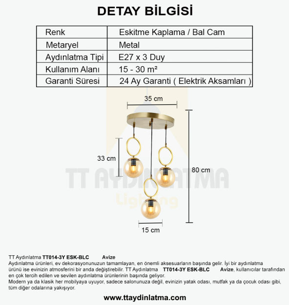 TT Aydınlatma TT014-3Y ESK  Eskitme Kaplama Bal Camlı 3 lü Yuvarlak Avize - 3