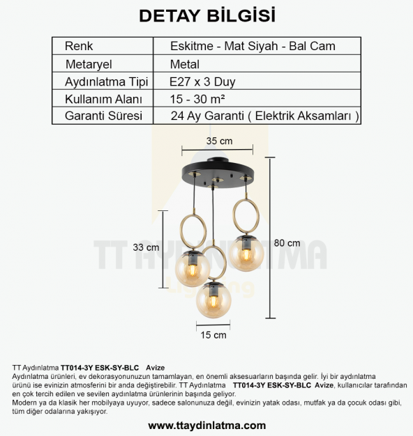 TT Aydınlatma TT014-3Y ESK  Eskitme Kaplama - Siyah Bal Camlı 3 lü Yuvarlak Avize - Resim 3