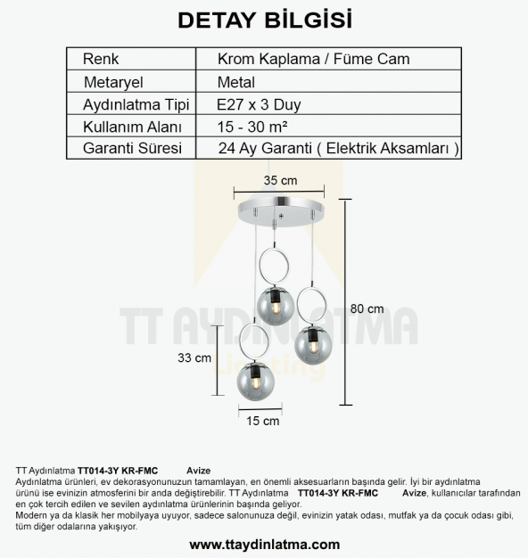 TT Aydınlatma TT014-3Y KR  Krom Kaplama Füme Camlı 3 lü Yuvarlak Avize - 3