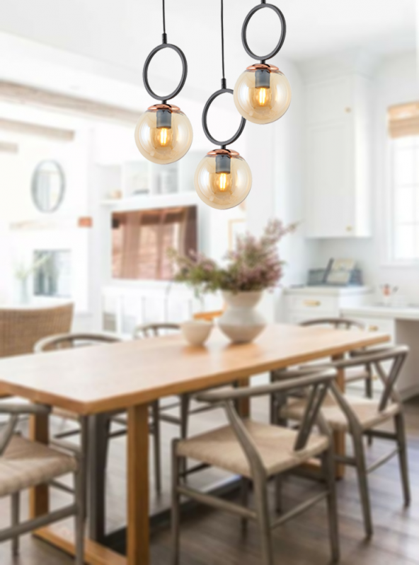 TT Aydınlatma TT014-3Y SY  Mat Siyah - Bakır Bal Camlı 3 lü Yuvarlak Avize - Resim 2