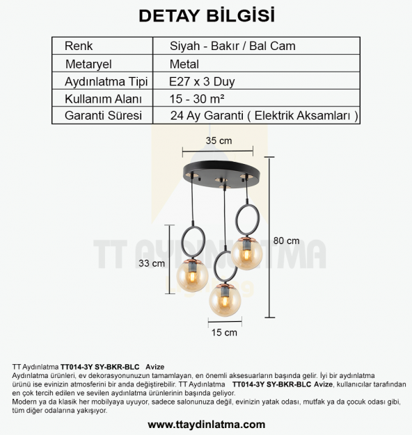 TT Aydınlatma TT014-3Y SY  Mat Siyah - Bakır Bal Camlı 3 lü Yuvarlak Avize - Resim 3
