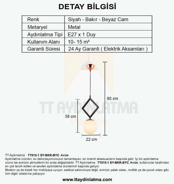 TT Aydınlatma TT015-1 SY  Mat Siyah - Bakır Beyaz Camlı Tekli Avize - 3