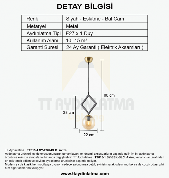 TT Aydınlatma TT015-1 SY  Mat Siyah - Eskitme Bal Camlı Tekli Avize - 3