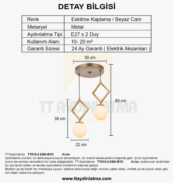 TT Aydınlatma TT015-2 ESK  Eskitme Kaplama Beyaz Camlı 2 li Avize - 3