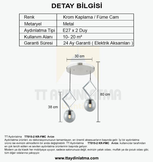TT Aydınlatma TT015-2 KR  Krom Kaplama Füme Camlı 2 li Avize - 3