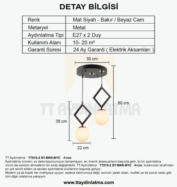 TT Aydınlatma TT015-2 SY  Mat Siyah - Bakır Beyaz Camlı 2 li Avize - 3