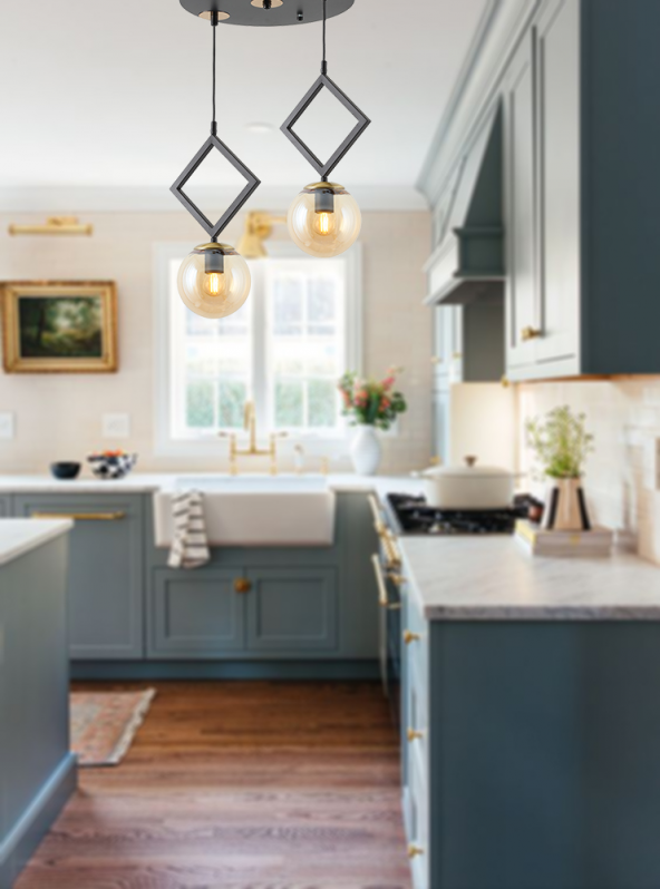 TT Aydınlatma TT015-2 SY  Mat Siyah - Eskitme Bal Camlı 2 li Avize - Resim 2