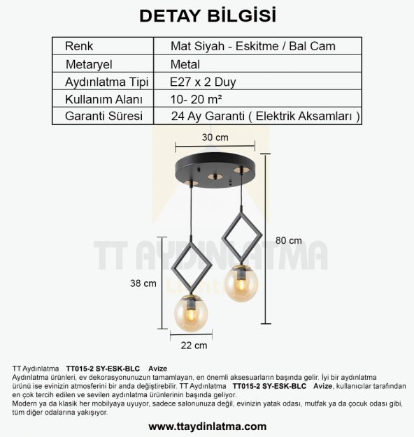TT Aydınlatma TT015-2 SY  Mat Siyah - Eskitme Bal Camlı 2 li Avize - Resim 3
