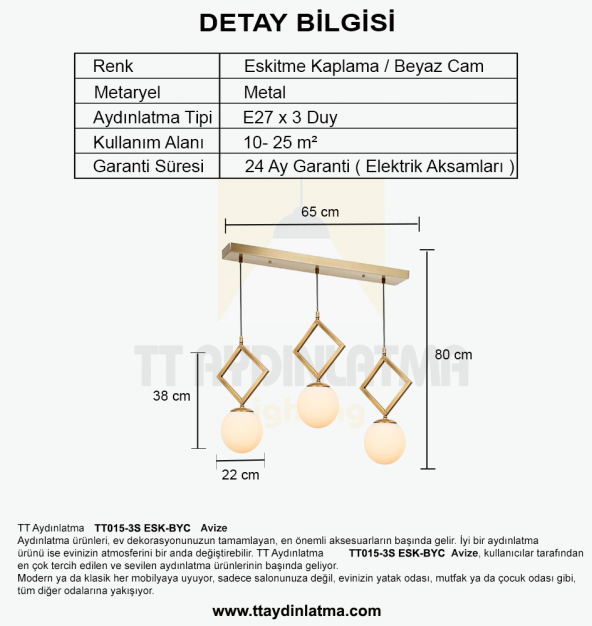 TT Aydınlatma TT015-3S ESK  Eskitme Kaplama Beyaz Camlı 3 lü Sıralı Avize - Resim 3
