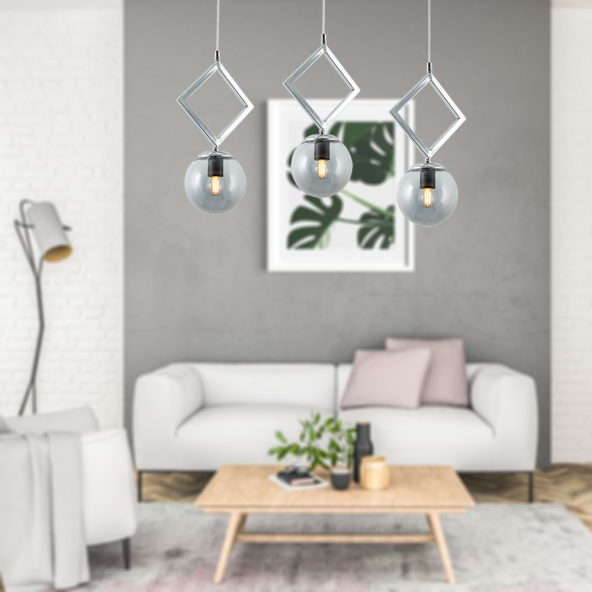 TT Aydınlatma TT015-3S KR  Krom Kaplama Füme Camlı 3 lü Sıralı Avize - 2