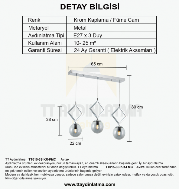 TT Aydınlatma TT015-3S KR  Krom Kaplama Füme Camlı 3 lü Sıralı Avize - 3