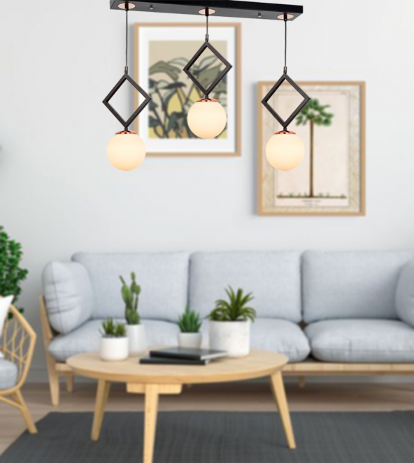 TT Aydınlatma TT015-3S SY  Mat Siyah - Bakır Beyaz Camlı 3 lü Sıralı Avize ürün görseli 1