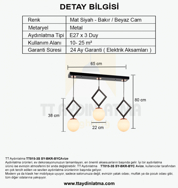TT Aydınlatma TT015-3S SY  Mat Siyah - Bakır Beyaz Camlı 3 lü Sıralı Avize - Resim 3