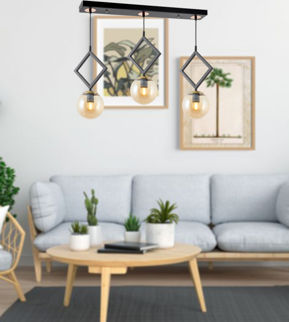 TT Aydınlatma TT015-3S SY  Mat Siyah - Eskitme Bal Camlı 3 lü Sıralı Avize ürün görseli