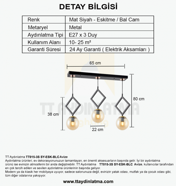 TT Aydınlatma TT015-3S SY  Mat Siyah - Eskitme Bal Camlı 3 lü Sıralı Avize - Resim 3