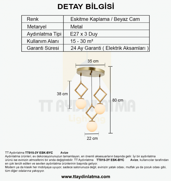 TT Aydınlatma TT015-3Y ESK  Eskitme Kaplama Beyaz Camlı 3 lü Yuvarlak Avize - 3