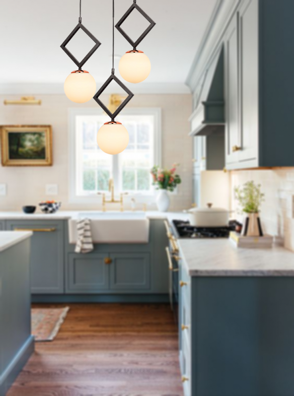 TT Aydınlatma TT015-3Y SY  Mat Siyah - Bakır Beyaz Camlı 3 lü Yuvarlak Avize - Resim 2