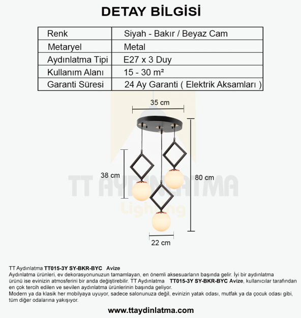 TT Aydınlatma TT015-3Y SY  Mat Siyah - Bakır Beyaz Camlı 3 lü Yuvarlak Avize - Resim 3