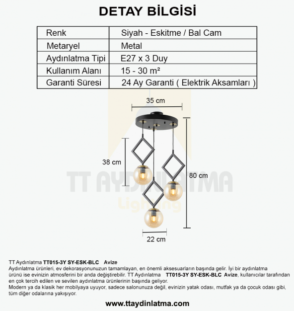 TT Aydınlatma TT015-3Y SY  Mat Siyah - Eskitme Bal Camlı 3 lü Yuvarlak Avize - 3