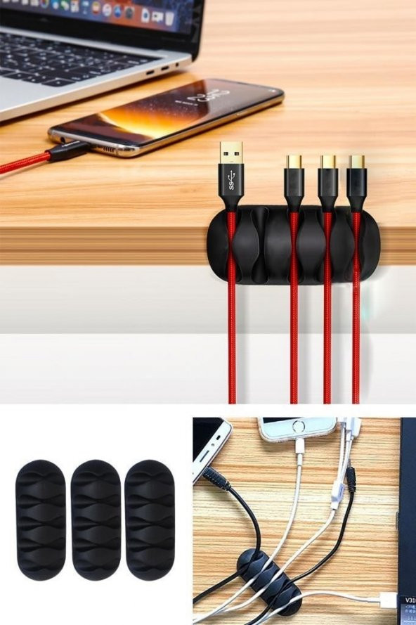 3lü Set 5 Kanallı Kablo Tutucu Düzenleyici Sabitleyici Kablo Düzenleyici SİYAH
