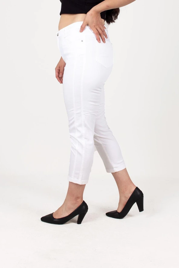 Truva Xxl Büyük Beden Kadın Giyim Pamuk Şeritli Bilek Boy Pantolon Beyaz PN269