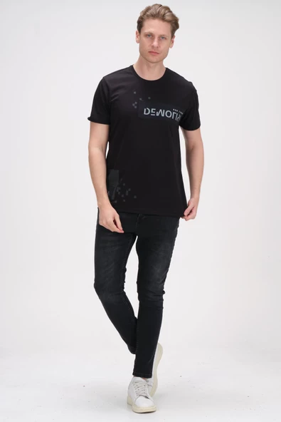 Erkek Baskı Desenli Bisiklet Yaka Pamuklu Kısa Kollu Basic T-Shirt - 3