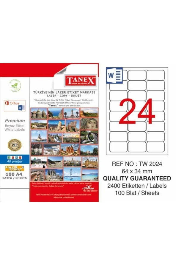 Tanex Lazer Etiket 100 Yaprak 64x34 mm Lazer Yazıcı Etiketi