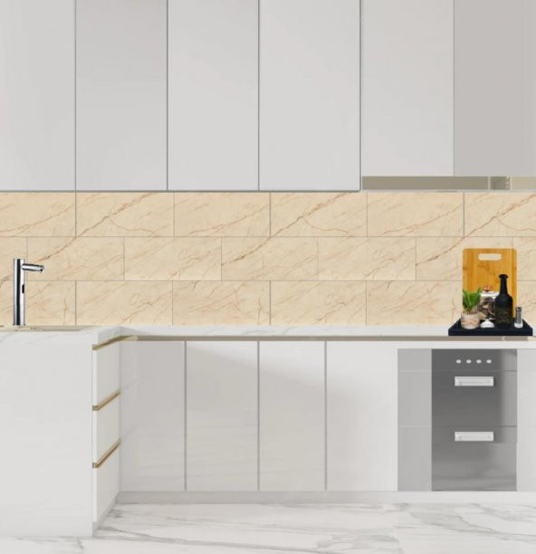 Renkli Duvarlar Tezgah Arası Kendinden Yapışkanlı PVC Bej Kaplama Paneli 30x60 cm