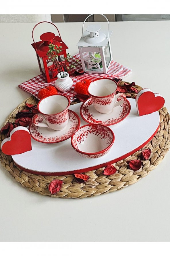 Sevgililer Günü Aşk Kalp Tepsive 2kişilik Fincan Set(Kutulu)