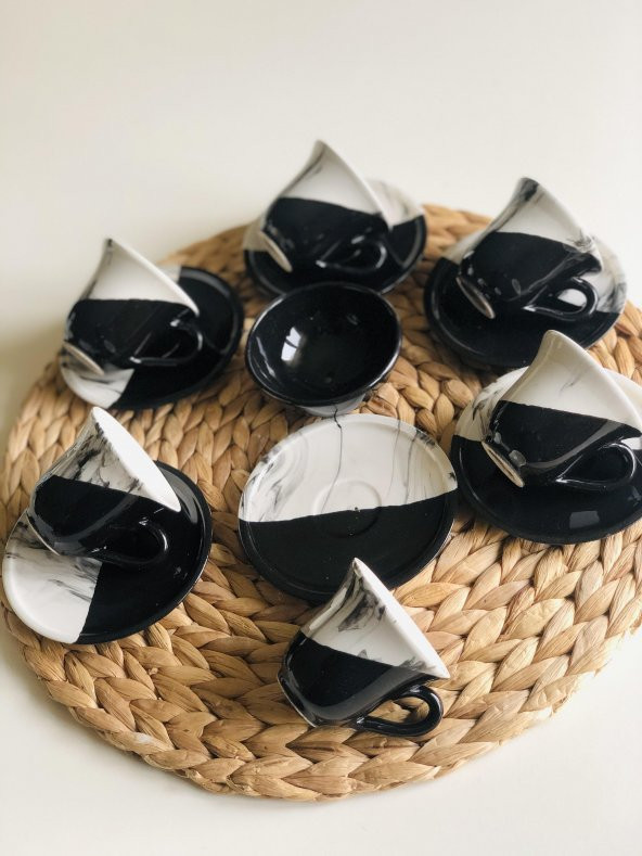 Den Tasarım Hediyelik Seramik 6 kişilik Kahve Fincan Seti ve lokumluk kase Siyah