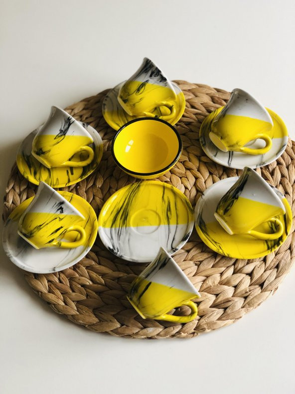 Den Tasarım Hediyelik Seramik 6 kişilik Kahve Fincan Seti ve lokumluk kase Sarı