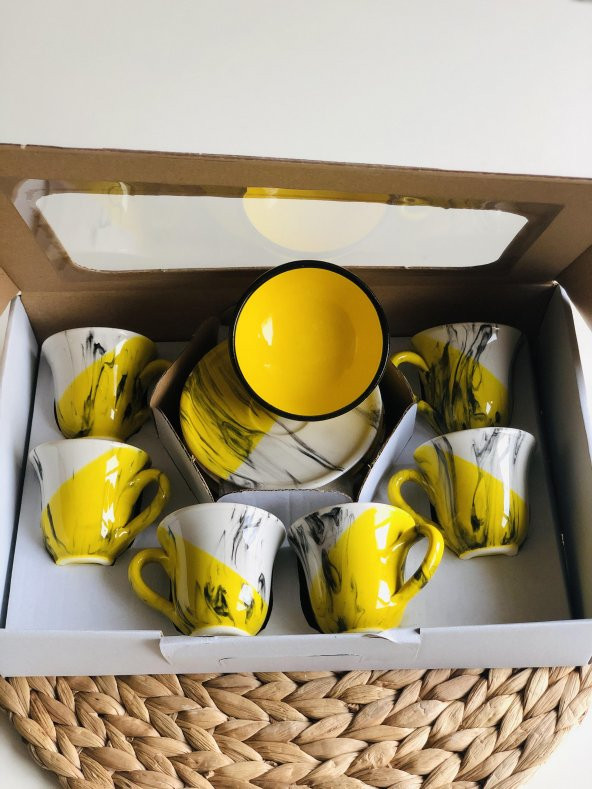 Den Tasarım Hediyelik Seramik 6 kişilik Kahve Fincan Seti ve lokumluk kase Sarı - 2