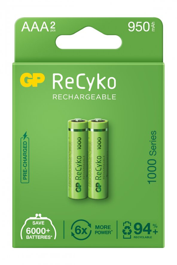 GP Batteries ReCyko 1000 AAA İnce Kalem Ni-Mh Şarjlı Pil 1.2 Volt 2li Kart