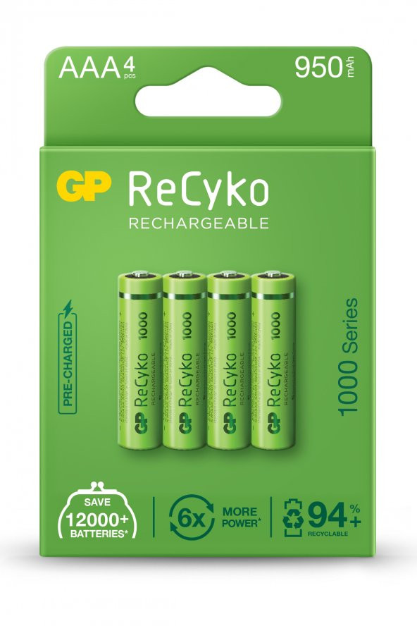 GP Batteries ReCyko 1000 AAA İnce Kalem Ni-Mh Şarjlı Pil 1.2 Volt 4lü Kart
