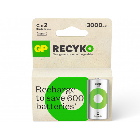GP Batteries ReCyko 3000 mAh C Boy Orta Ni-MH Şarjlı Pil, 1.2 Volt, 2li Kart