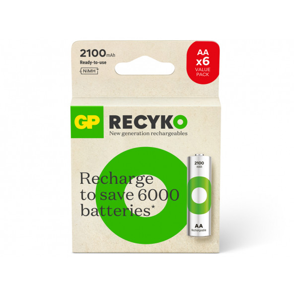 Gp Batteries Recyko 2100 Aa Kalem Ni-Mh Şarjlı Pil, 1.2 Volt, 6Lı Kart