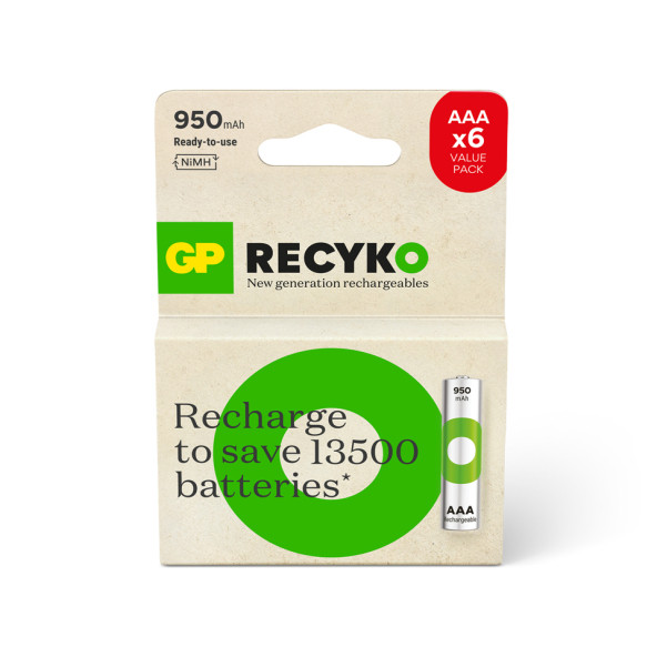 GP Batteries ReCyko 1000 AAA İnce Kalem Ni-MH Şarjlı Pil, 1.2 Volt, 6lı Kart