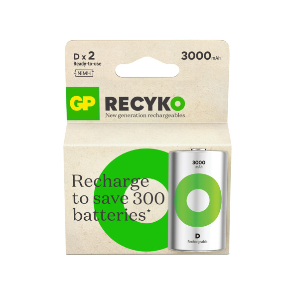 GP Batteries ReCyko 3000 D Boy Ni-Mh Şarjlı Pil, 1.2 Volt, 2'li Kart
