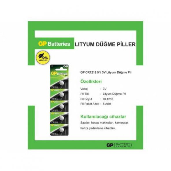 Gp Batteries Cr1216 1216 Boy Lityum Düğme Pil 3 Volt 5Li Kart - 3