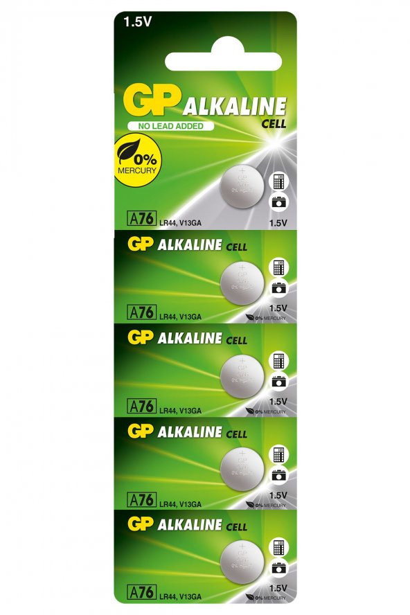 GP Batteries GPA76 LR44/A76/V13G/AG13 Boy Alkalin Düğme Pil 1.5 Volt 5Li Kart
