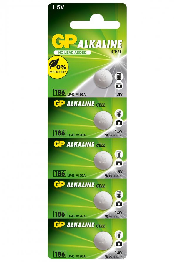 GP Batteries GP186 LR43/186/V12GA Boy Alkalin Düğme Pil 1.5 Volt 5Li Kart