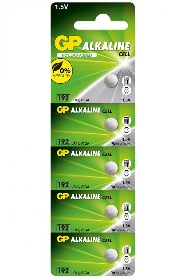 GP Batteries GP192 LR41/192/V3GA Boy Alkalin Düğme Pil 1.5 Volt 5li Kart - 1