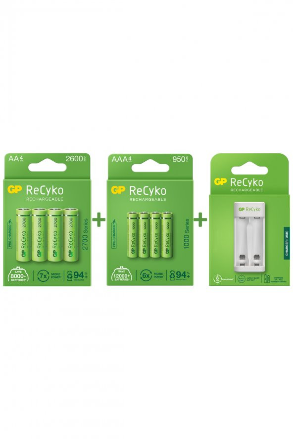GP E211 USB AA-AAA Şarj Cihazı  GP 2700 Serisi AA 4lü Kalem Pil  GP 1000 Serisi AAA 4lü İnce Pil - 1